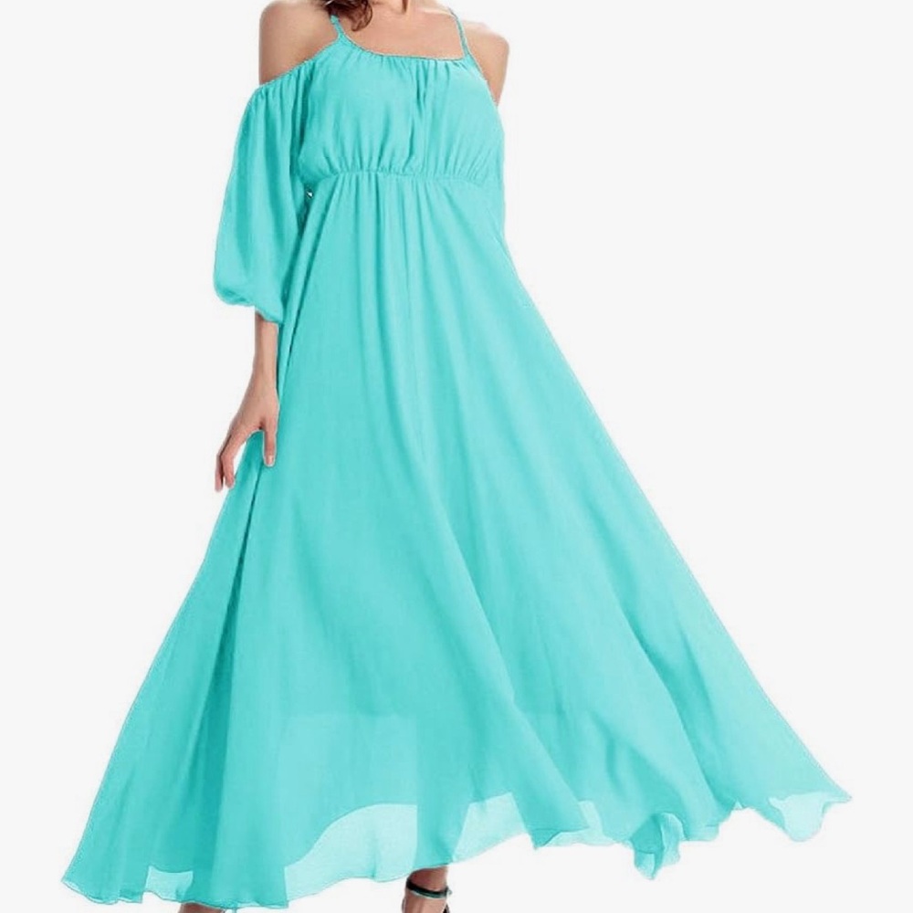 A- Afibi long teal dress. Dropped shoulders and front spaghetti straps 2XL - Picture 9 of 9